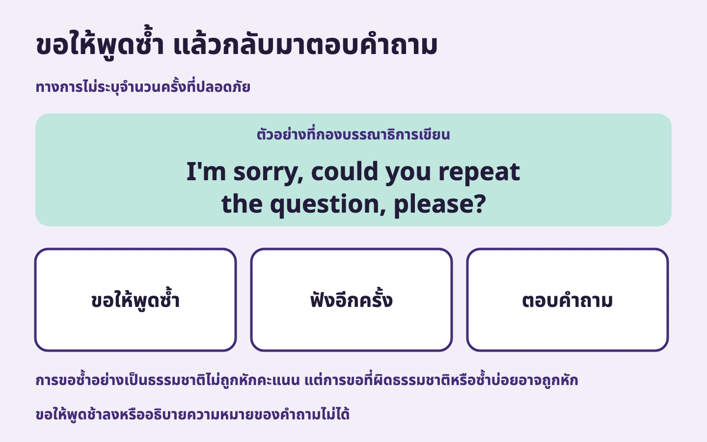 ฝึกขอให้พูดซ้ำเป็นอังกฤษ ฟังอีกครั้งแล้วตอบ