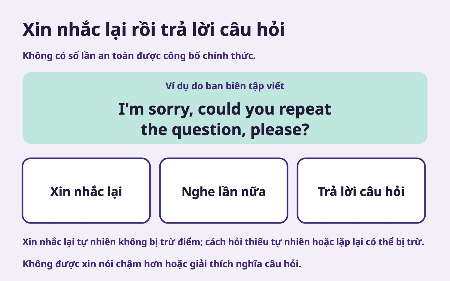 Luyện xin nhắc lại bằng tiếng Anh, nghe lại và trả lời