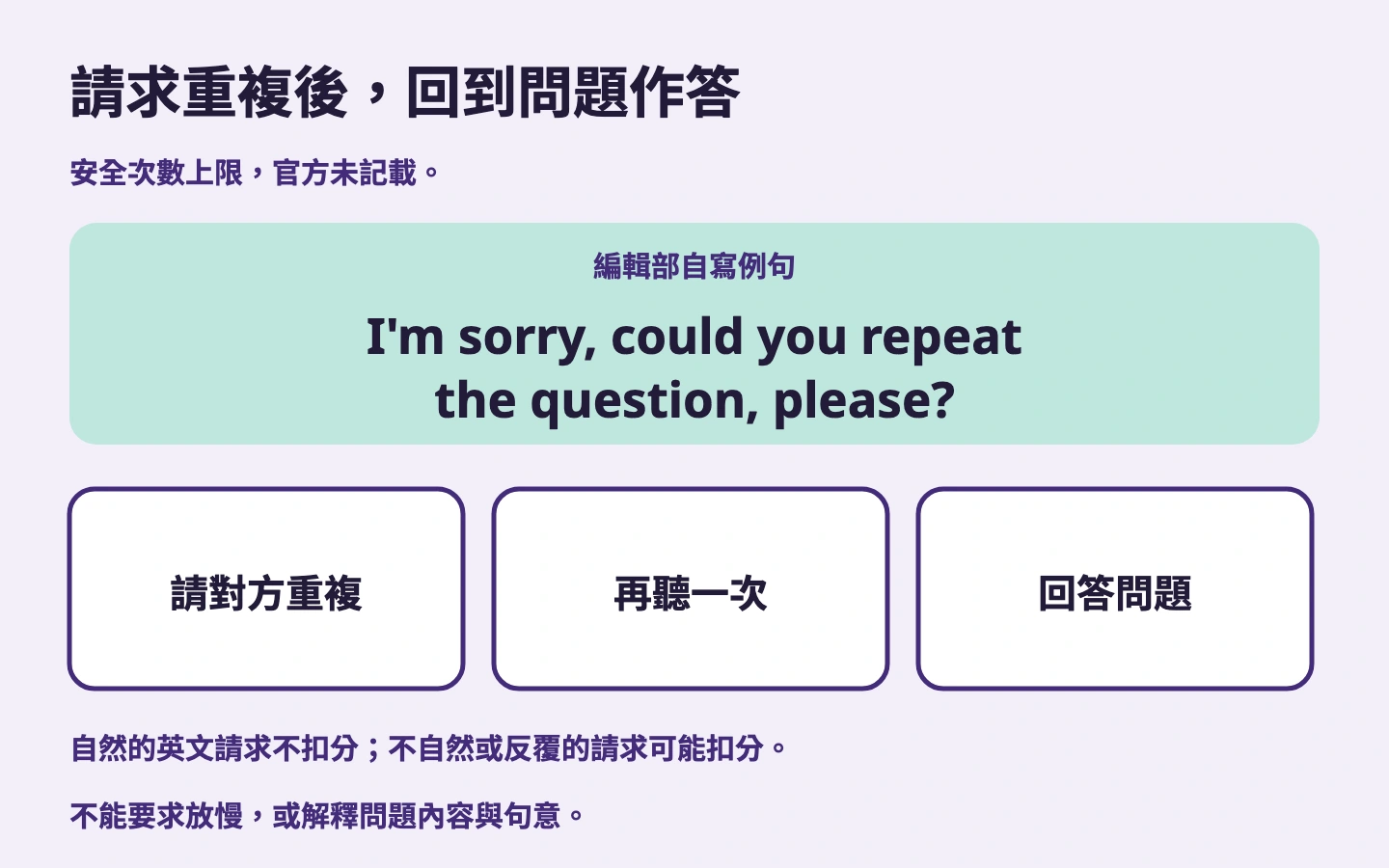 用英文請求重複，再聽問題並回答的練習