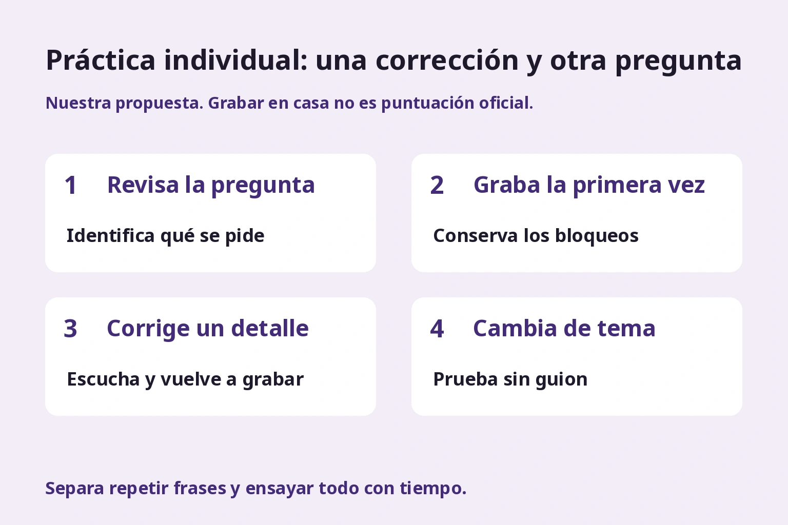 Práctica individual: una corrección y otra pregunta. Conserva ambos intentos y cambia la pregunta. No es evaluación oficial.