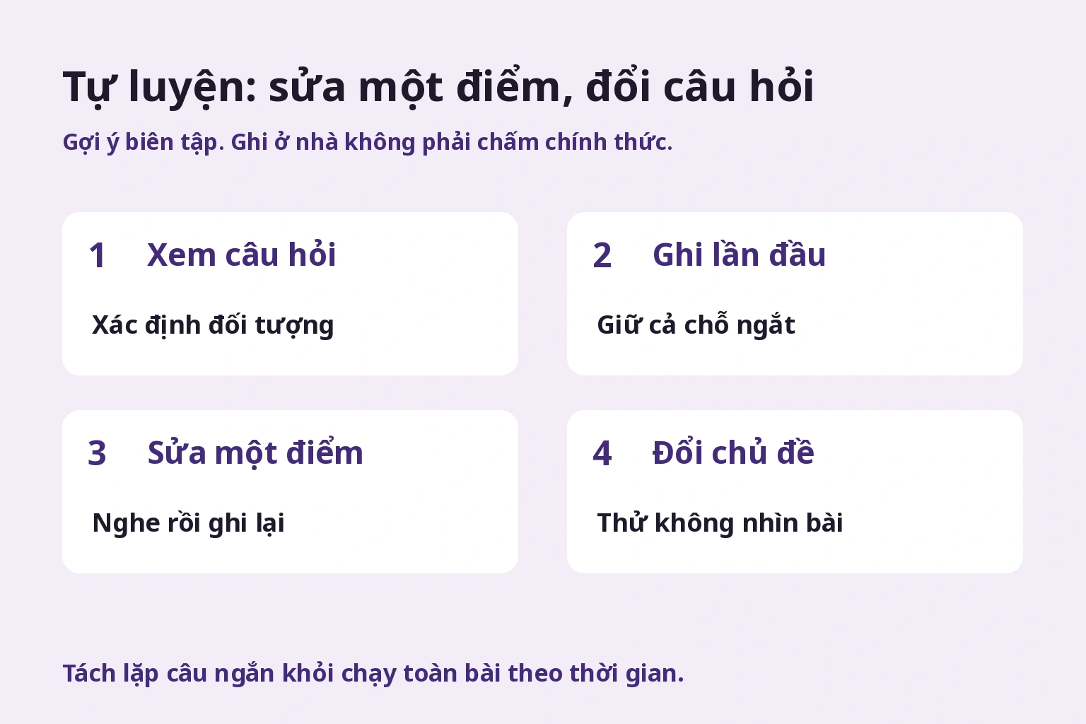 Tự luyện: sửa một điểm, đổi câu hỏi. Giữ lần đầu và lần sửa, rồi đổi chủ đề. Đây không phải chấm chính thức.