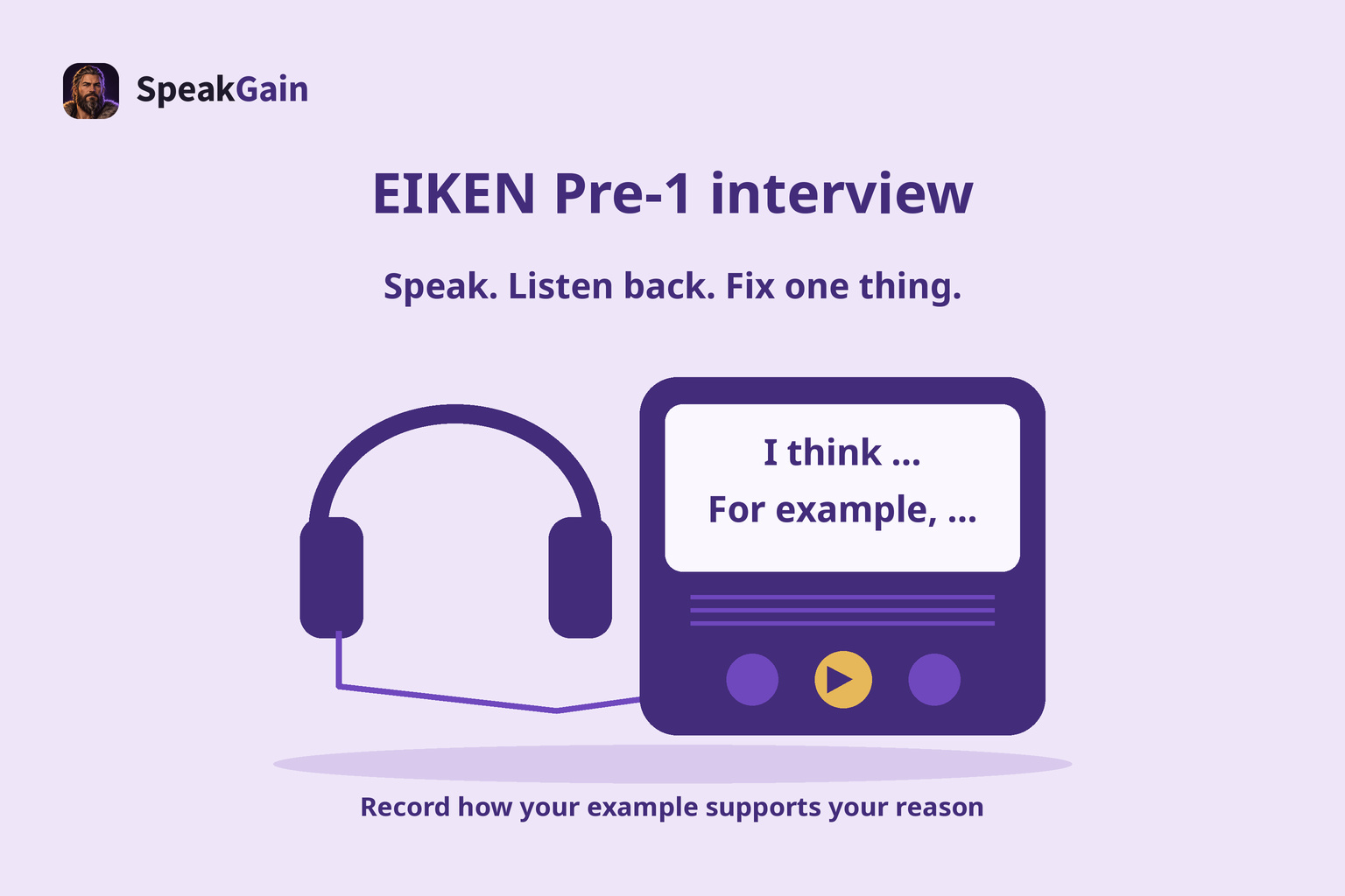 An IC recorder and headphones for Pre-1 practice, with English opinion and example starters on the screen