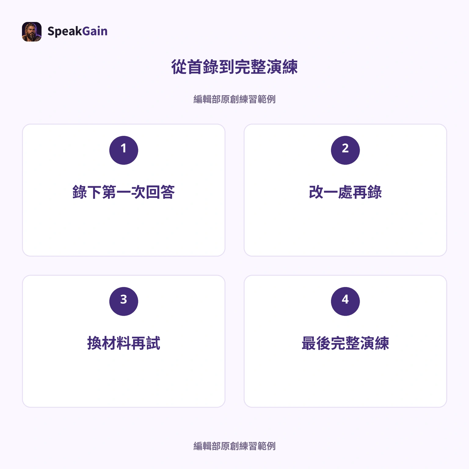 首錄→改一處→換材料→完整演練。