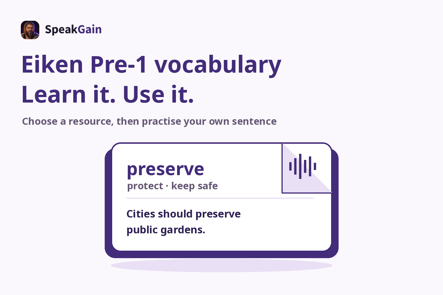 A folded vocabulary card with preserve, its meaning, an original example and a sound mark