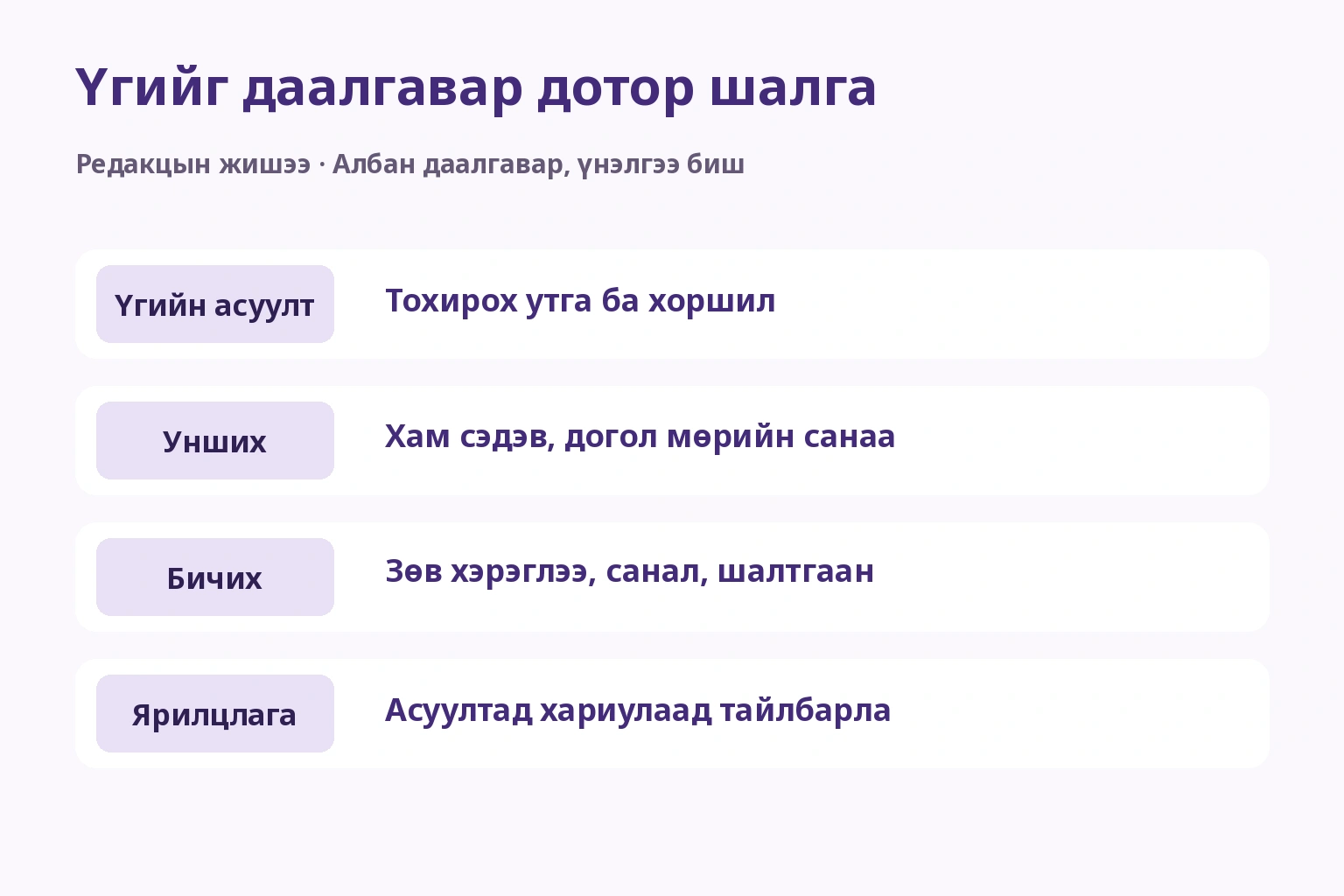 Үгийг даалгавар дотор шалга — Үгийн асуулт: Тохирох утга ба хоршил; Унших: Хам сэдэв, догол мөрийн санаа; Бичих: Зөв хэрэглээ, санал, шалтгаан; Ярилцлага: Асуултад хариулаад тайлбарла