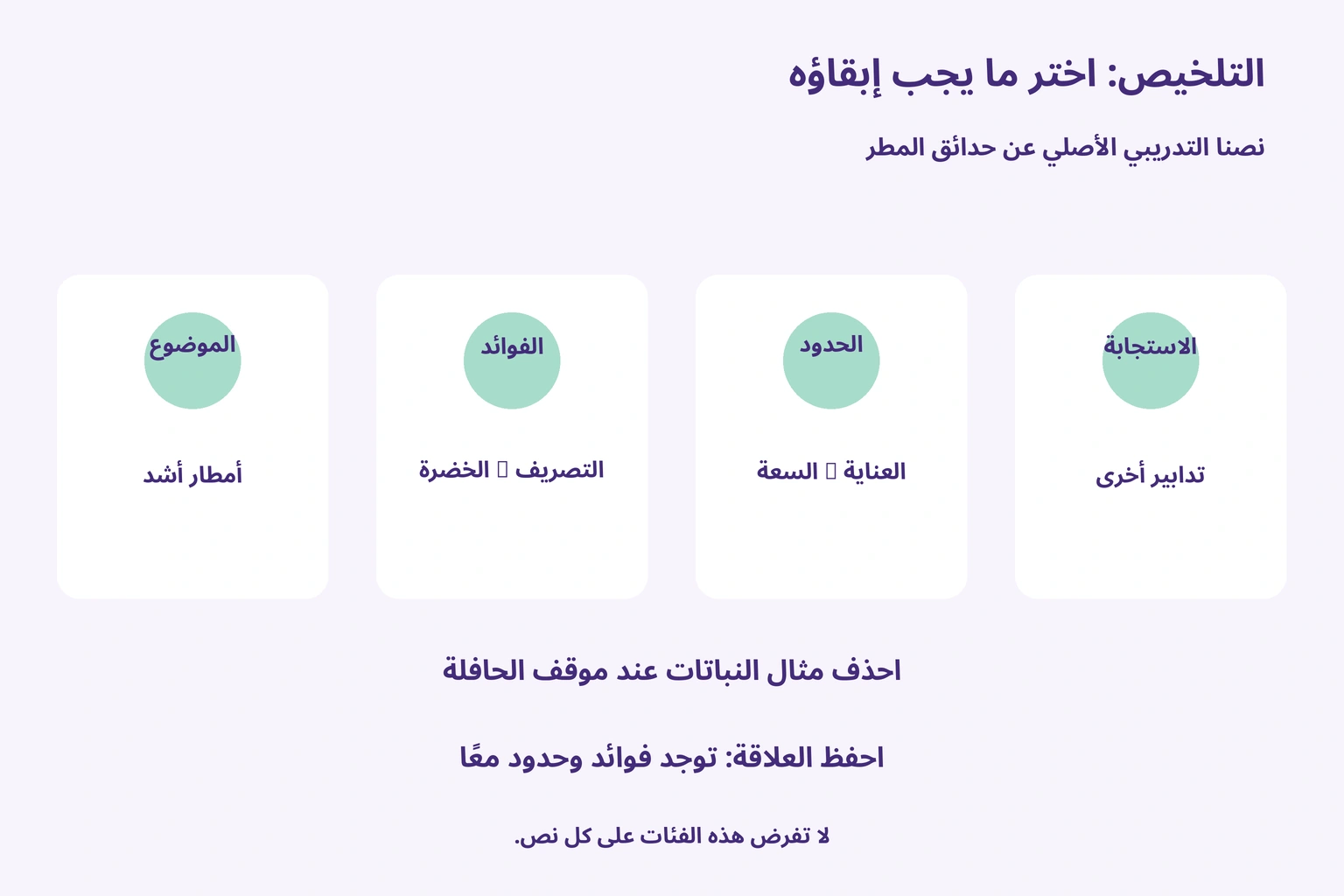 التلخيص: اختر ما يجب إبقاؤه — نصنا التدريبي الأصلي عن حدائق المطر