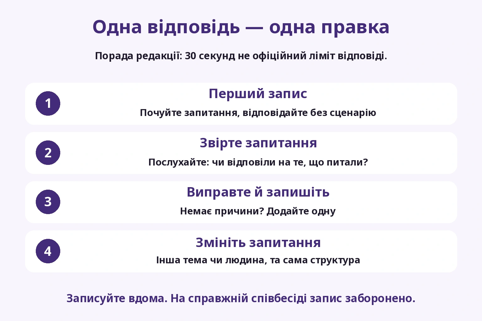 Записати відповідь, звірити запитання, додати причину і змінити запитання