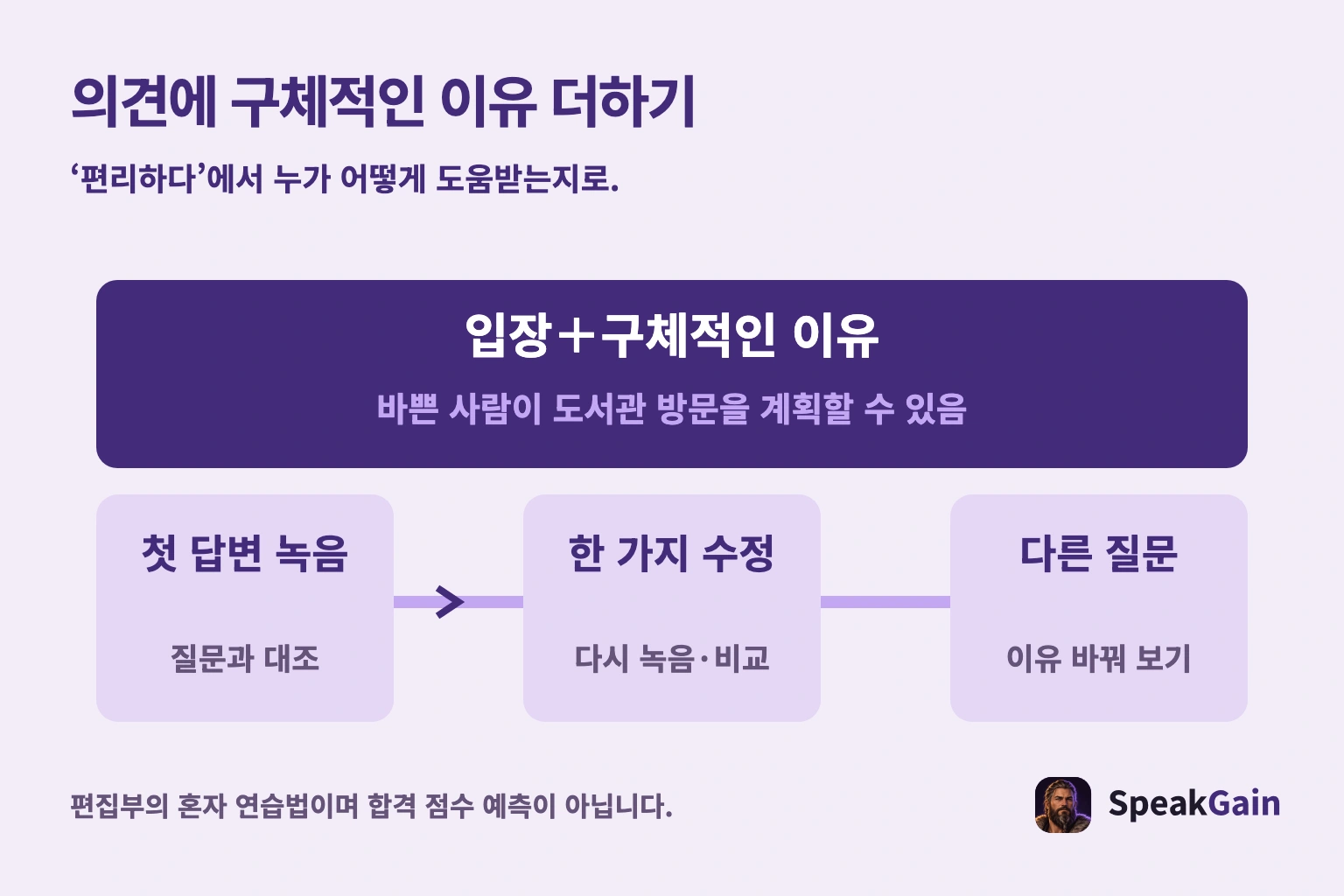 의견에 구체적인 이유 더하기. ‘편리하다’에서 누가 어떻게 도움받는지로.
