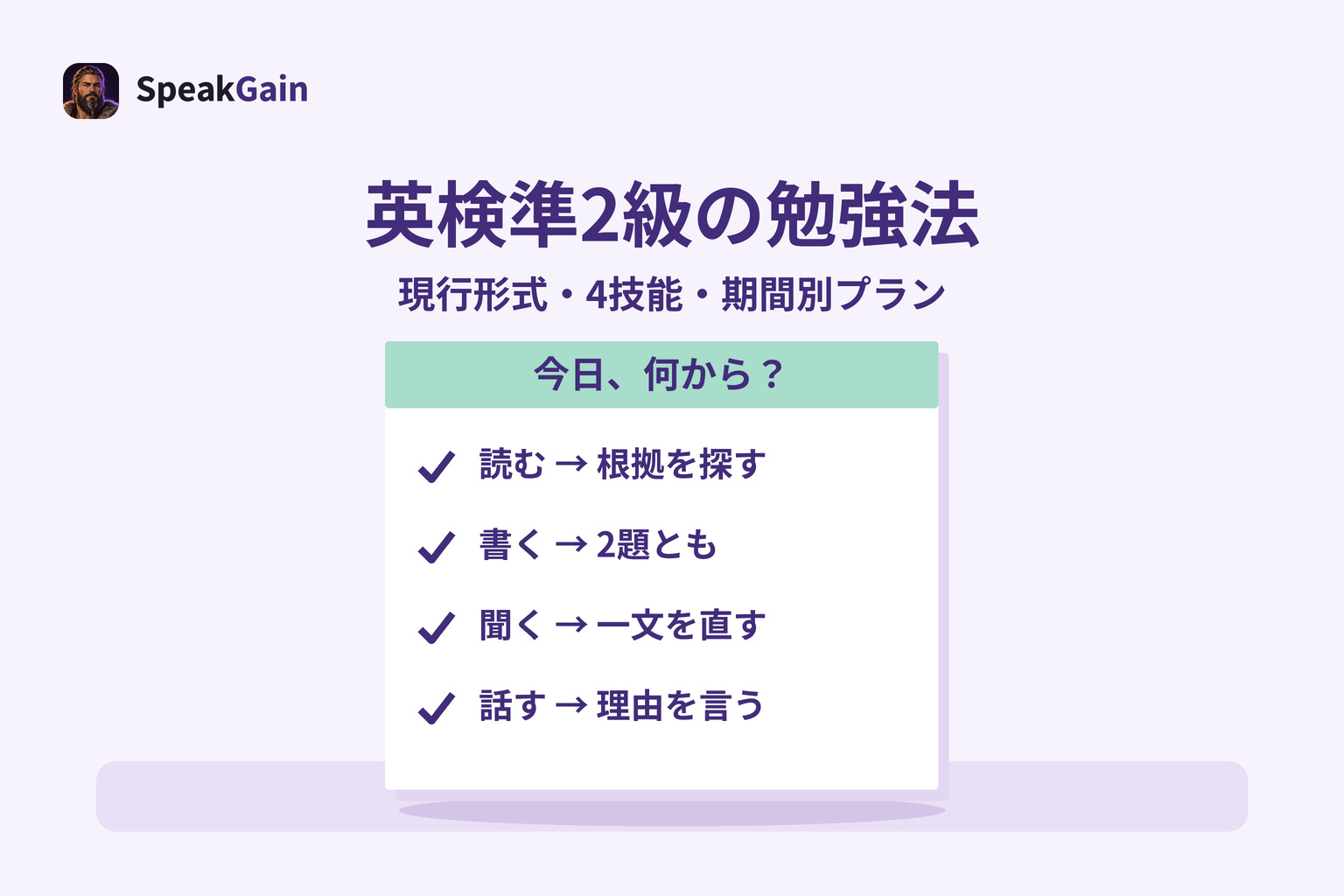 机上の付箋に、読む・書く・聞く・話すの開始行動を四つのチェックで示した図