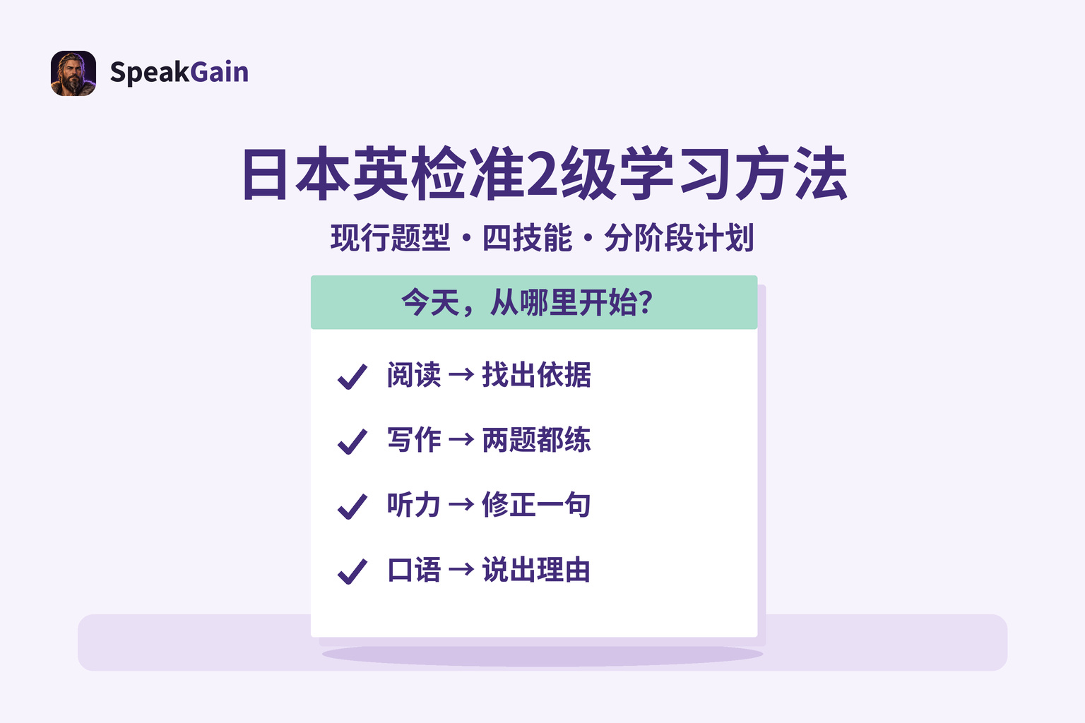 桌上便签以四个勾选列出阅读、写作、听力和口语的起步行动