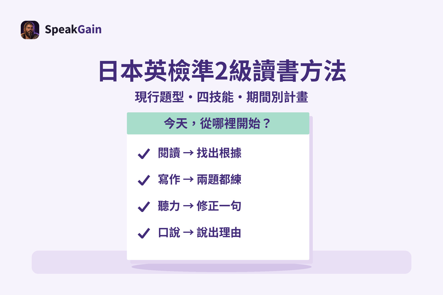 桌上的便條紙以四個勾選列出閱讀、寫作、聽力與口說的開始行動