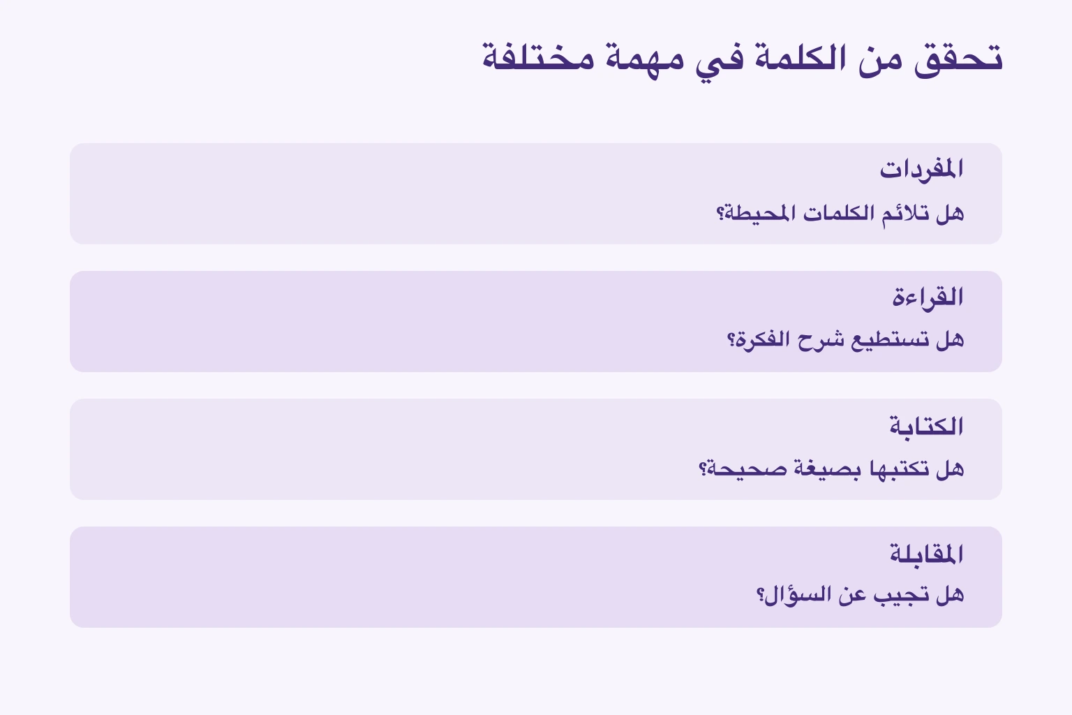 تحقق من الكلمة في مهمة مختلفة — المفردات: هل تلائم الكلمات المحيطة؟; القراءة: هل تستطيع شرح الفكرة؟; الكتابة: هل تكتبها بصيغة صحيحة؟; المقابلة: هل تجيب عن السؤال؟