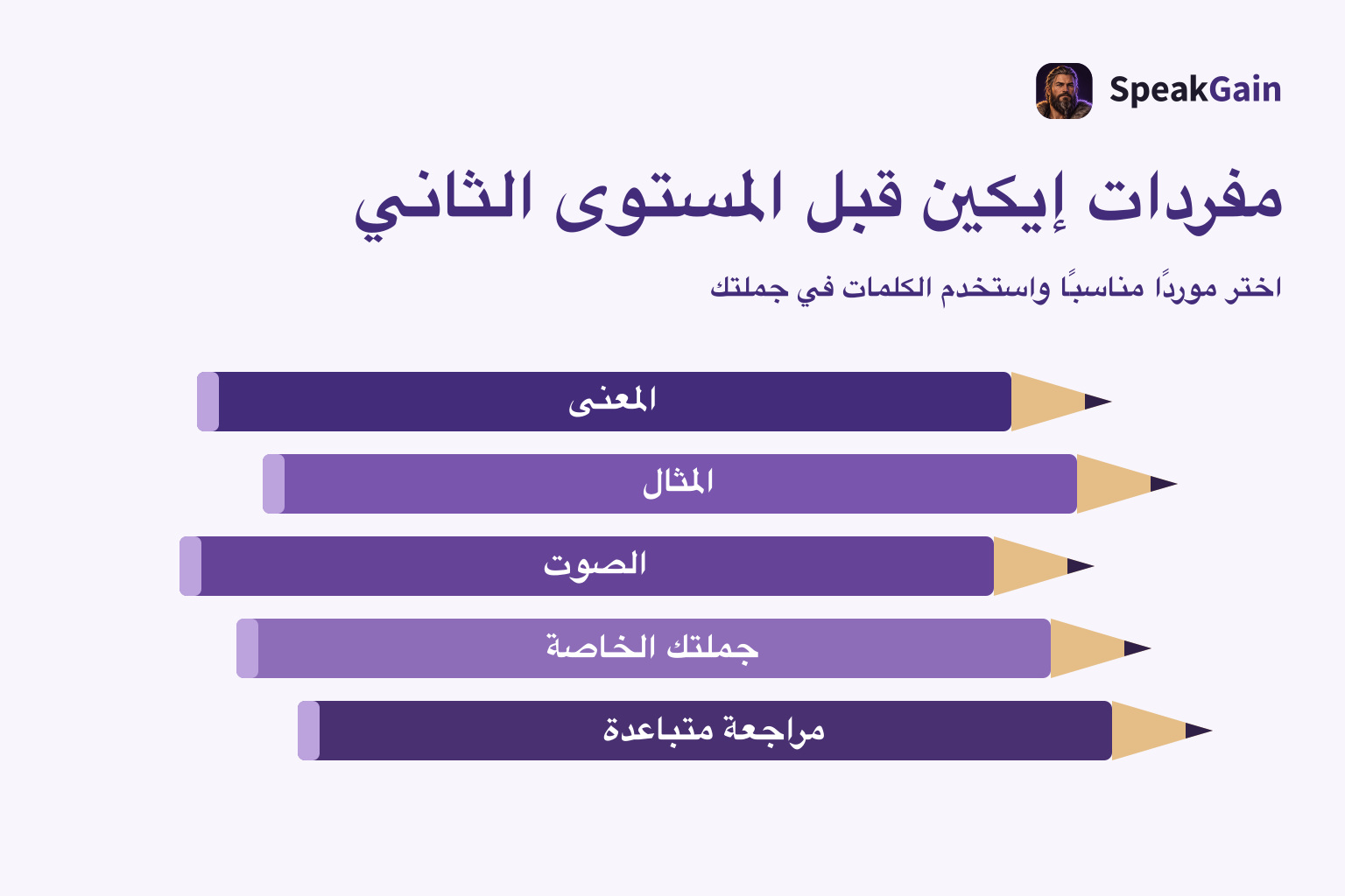 خمسة أقلام رصاص تحمل المعنى والمثال والصوت وجملتك الخاصة والمراجعة المتباعدة