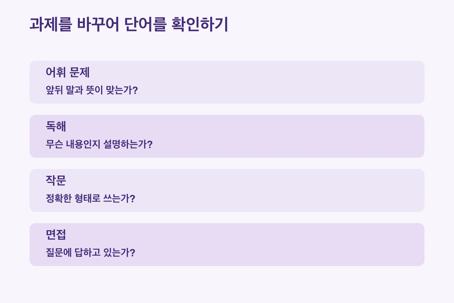 과제를 바꾸어 단어를 확인하기 — 어휘 문제: 앞뒤 말과 뜻이 맞는가?; 독해: 무슨 내용인지 설명하는가?; 작문: 정확한 형태로 쓰는가?; 면접: 질문에 답하고 있는가?