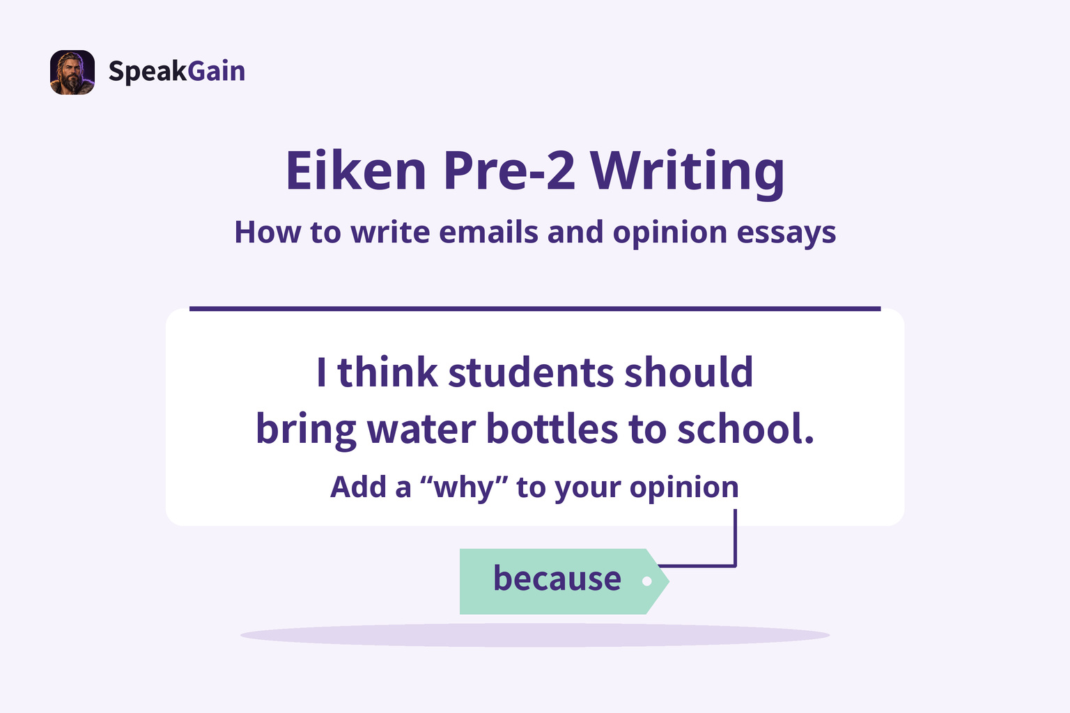 An opinion sentence card with a because tag, showing how to add a reason