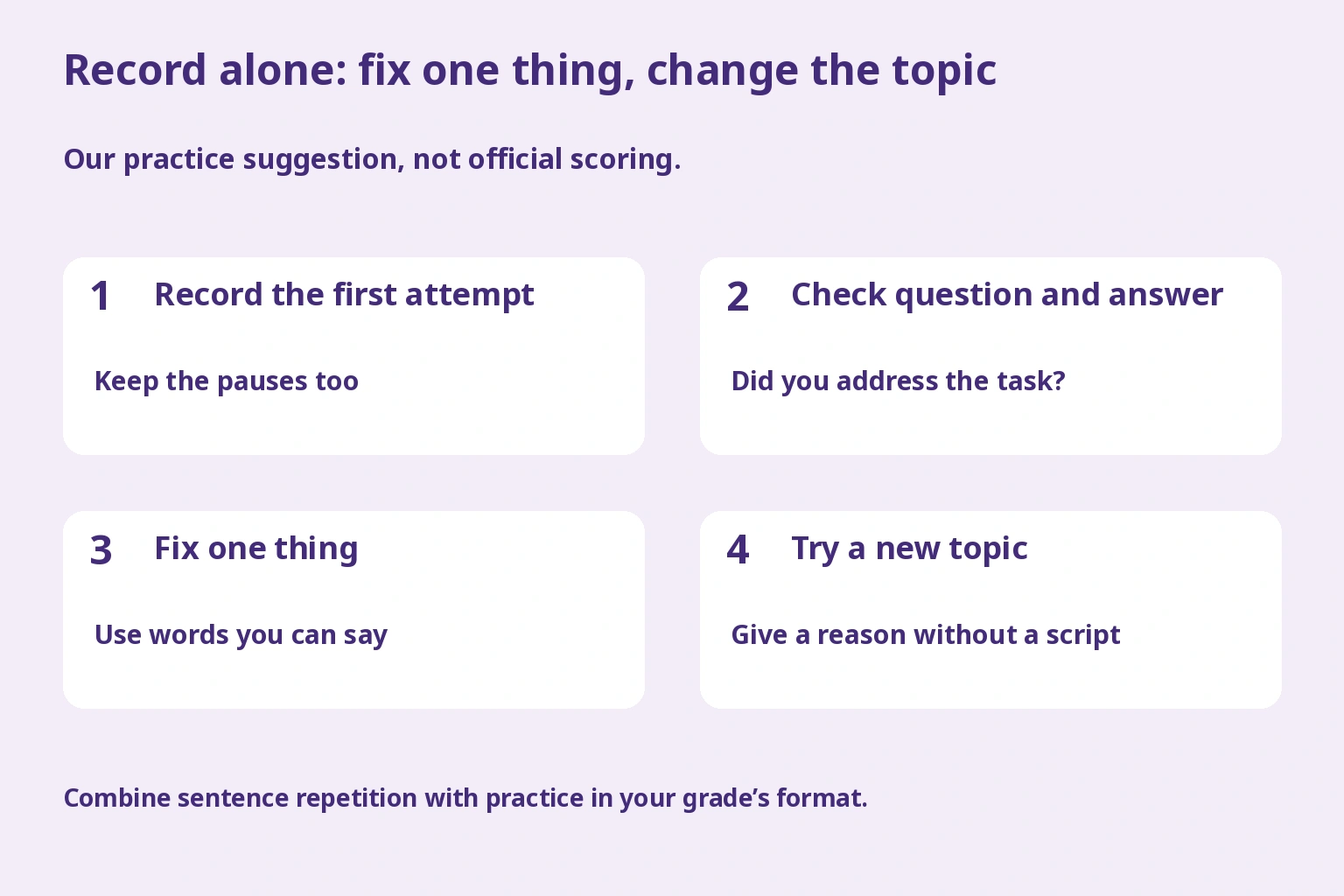 Record alone: fix one thing, change the topic. Our practice suggestion, not official scoring.