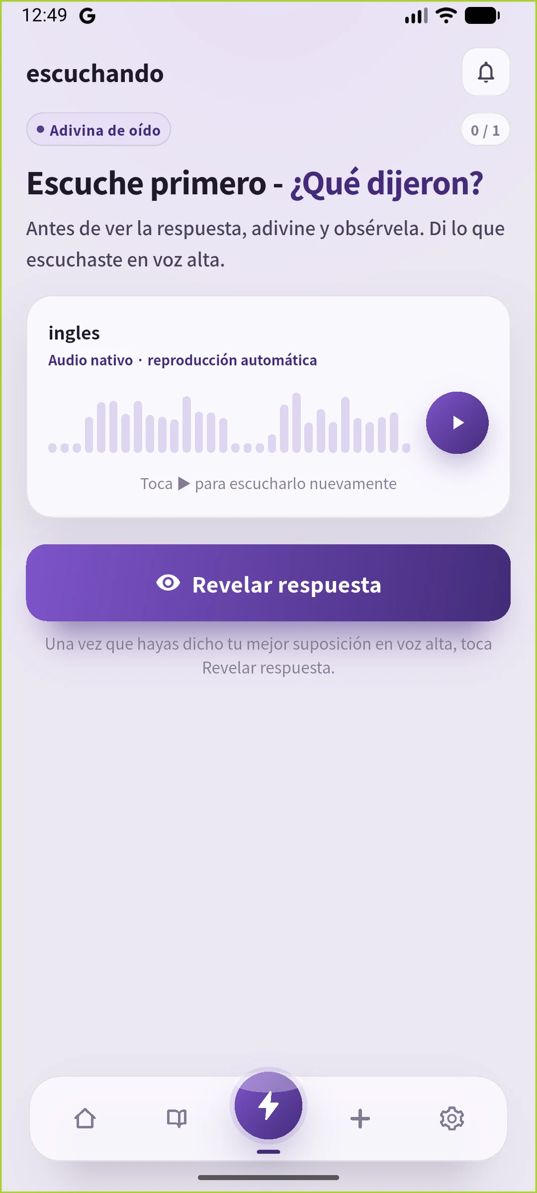 Pantalla real de escucha de SpeakGain en español, con la frase oculta y el botón para mostrar la respuesta