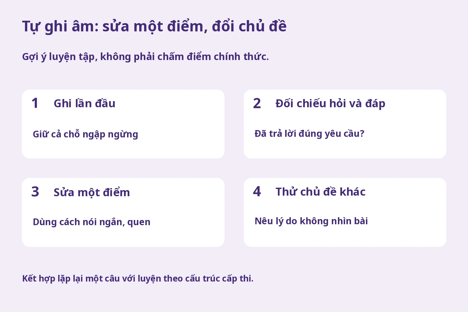 Tự ghi âm: sửa một điểm, đổi chủ đề. Gợi ý luyện tập, không phải chấm điểm chính thức.