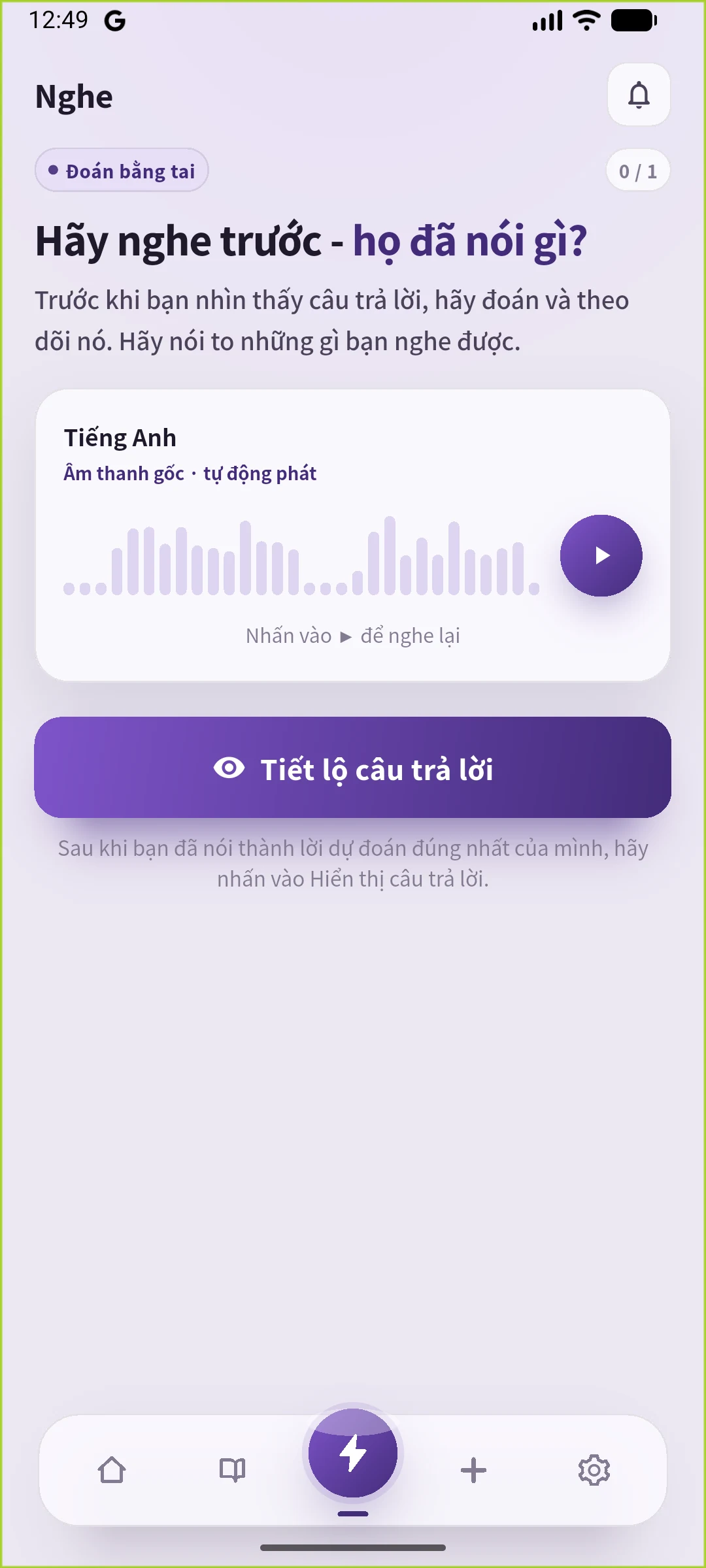 Màn hình nghe thực tế bằng tiếng Việt của SpeakGain, ẩn câu tiếng Anh và có nút hiện đáp án