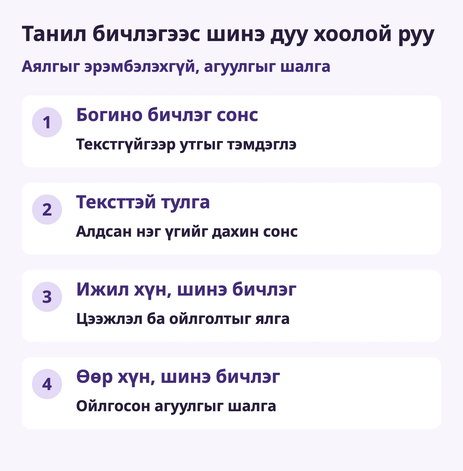 Танил бичлэгээс шинэ дуу хоолой руу — Богино бичлэг сонс / Текстгүйгээр утгыг тэмдэглэ — Тексттэй тулга / Алдсан нэг үгийг дахин сонс — Ижил хүн, шинэ бичлэг / Цээжлэл ба ойлголтыг ялга — Өөр хүн, шинэ бичлэг / Ойлгосон агуулгыг шалга
