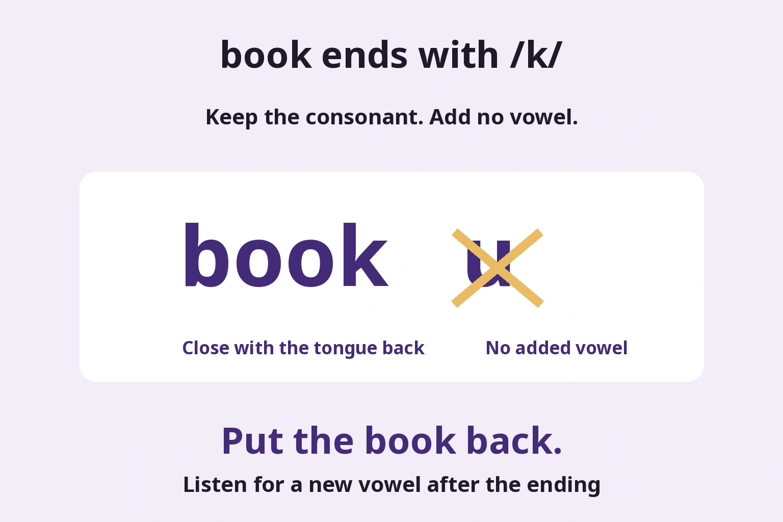 book ends with /k/: Keep the consonant. Add no vowel.