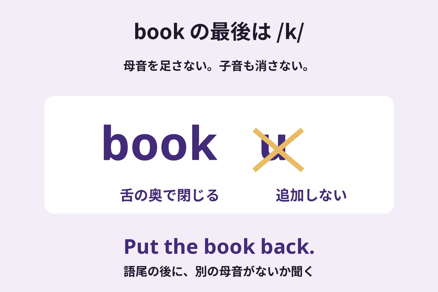 bookuの余分なuに取り消し線を付け、bookの最後は子音kで終わると示す図。子音を消す指示ではない