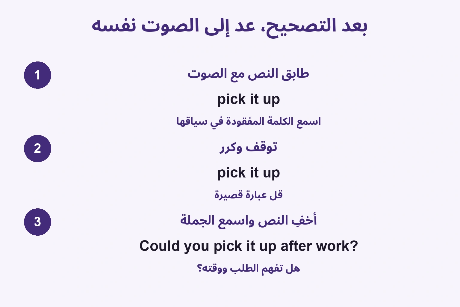 ثلاث مراحل: مطابقة العبارة بالصوت، التوقف والتكرار، إخفاء النص وسماع الجملة