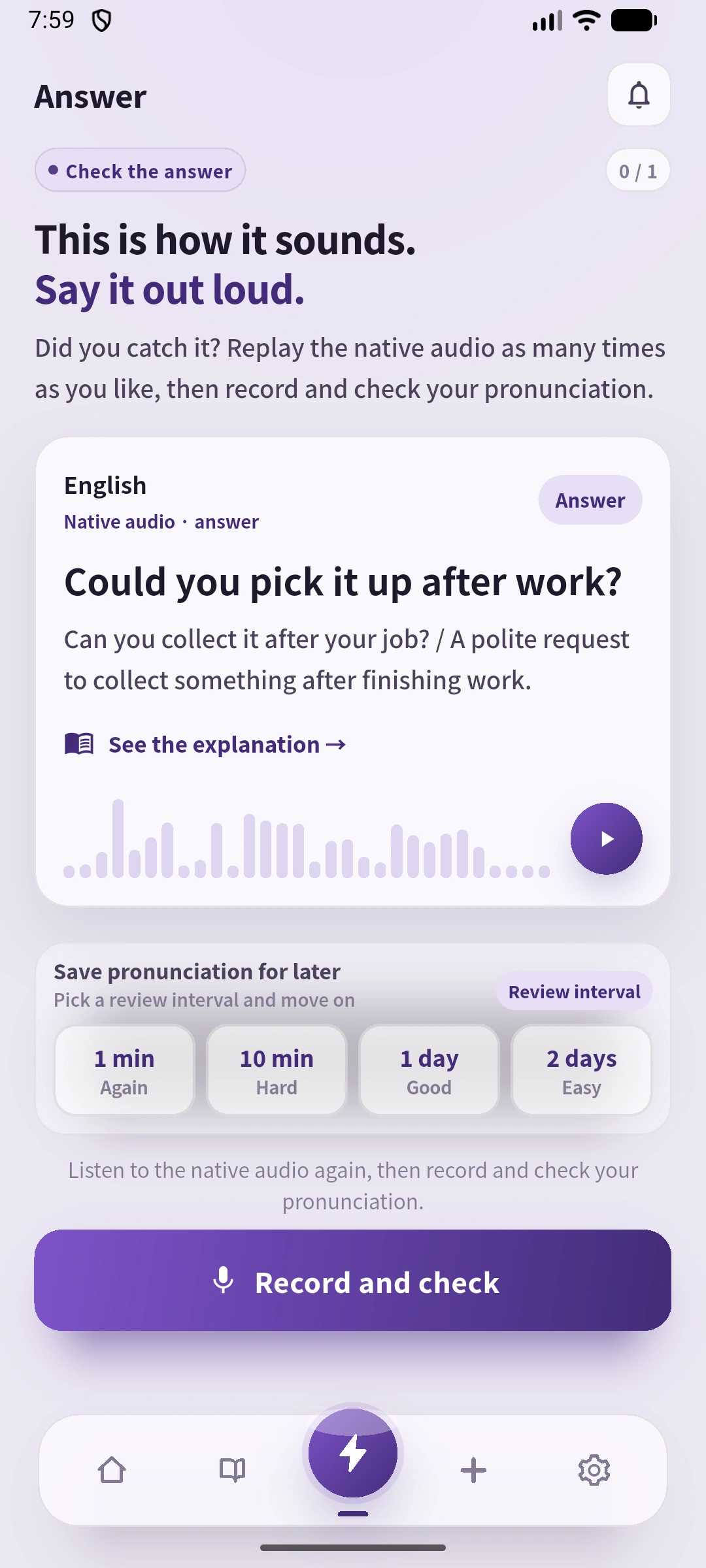 SpeakGain Answer дэлгэцийн өгүүлбэр, утга, аудио, Record and check