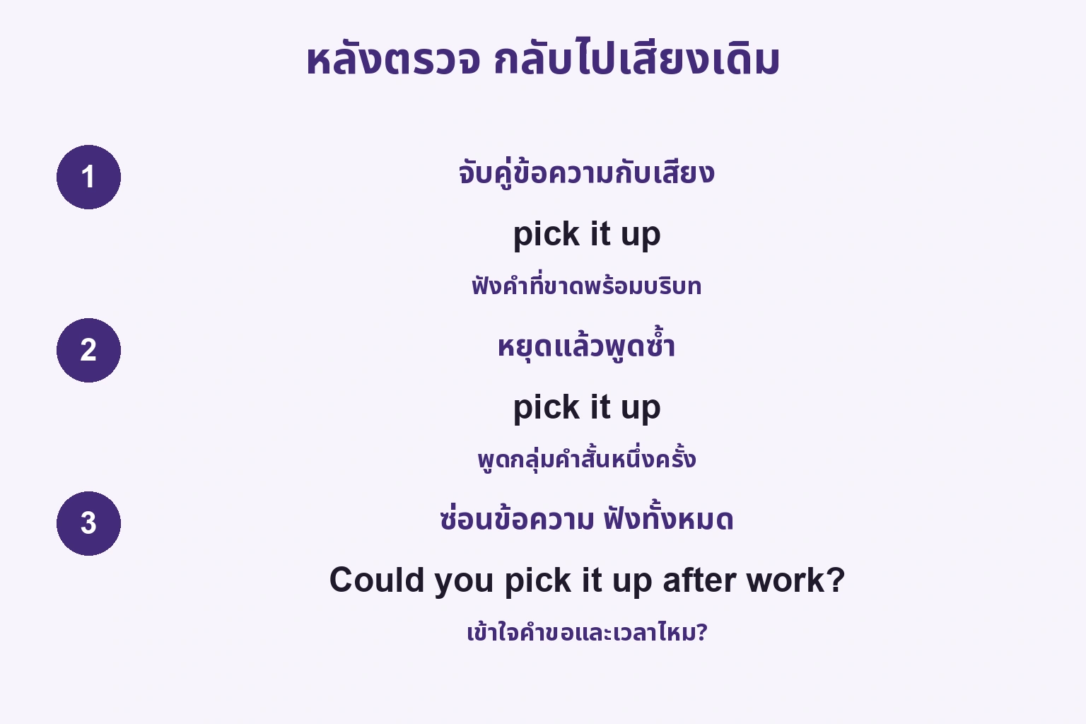สามขั้น จับคู่ pick it up กับเสียง หยุดพูด และซ่อนข้อความฟังทั้งประโยค