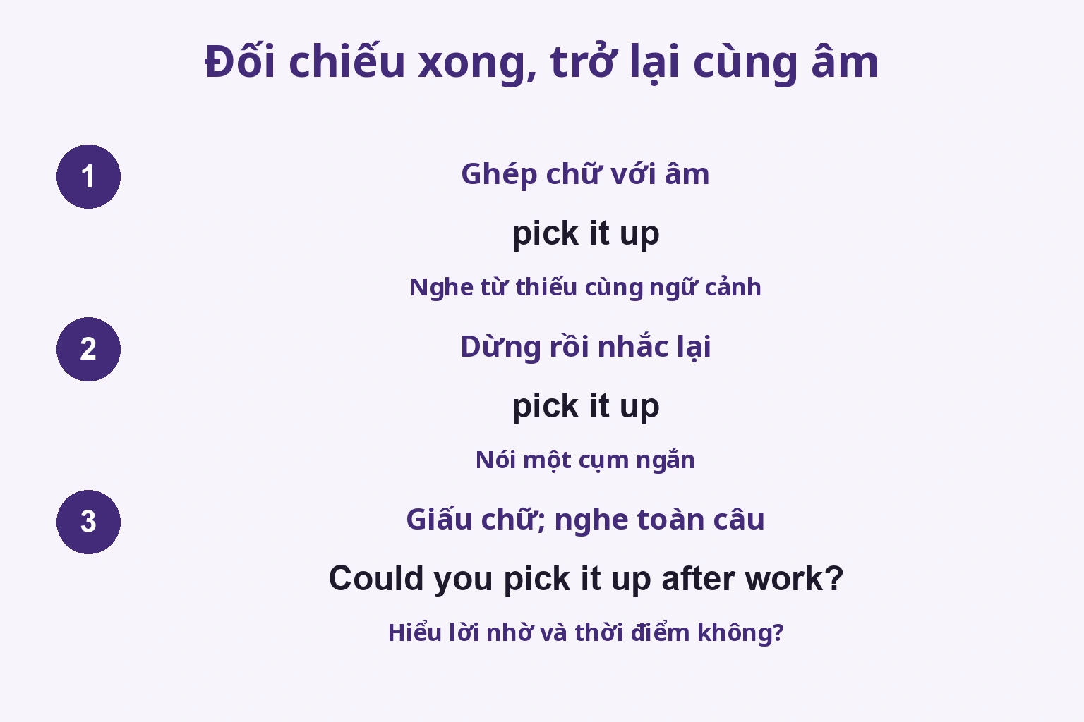 Ba bước ghép pick it up với âm, dừng nhắc lại, giấu chữ nghe cả câu
