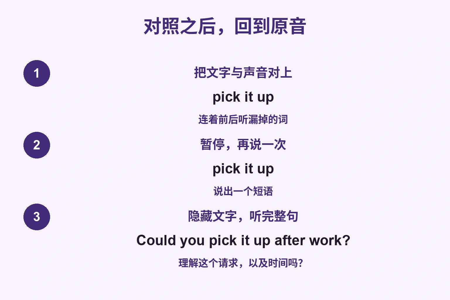 把pick it up对应声音，暂停复述，再隐藏文字听整句的三步