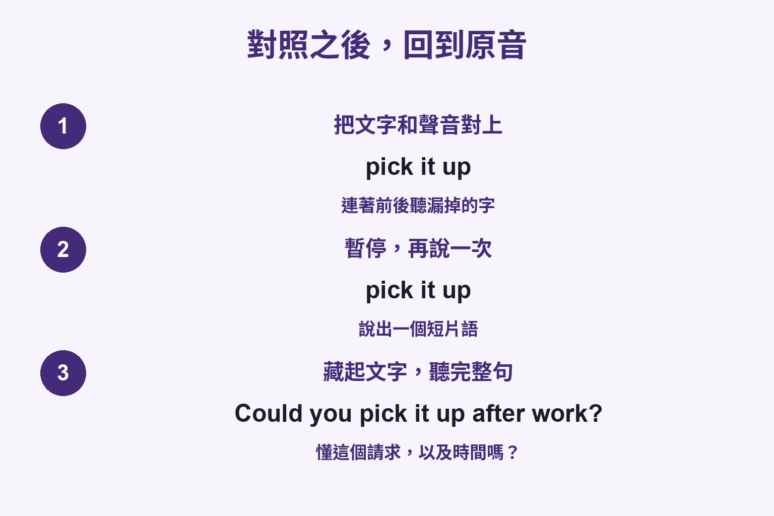 把pick it up對上聲音，暫停複述，再藏文字聽整句的三步