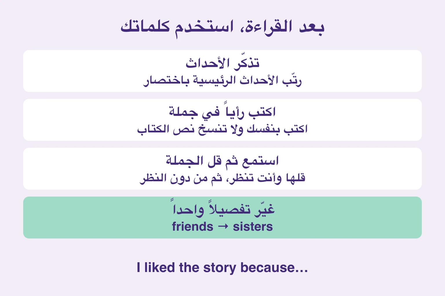 تذكّر الأحداث، كتابة رأي أصلي، الاستماع ثم القول، وتغيير تفصيل