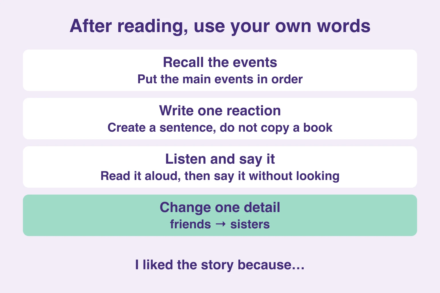 Recall events, write an original reaction, listen and say it, then change a detail.