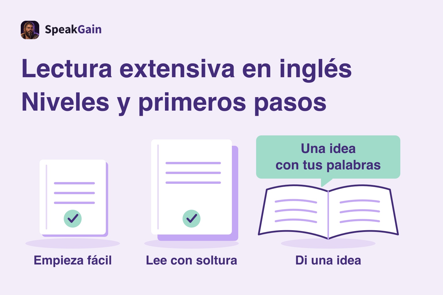 Dos libritos aumentan de tamaño y grosor antes de un libro abierto y un bocadillo que invita a hablar con palabras propias.