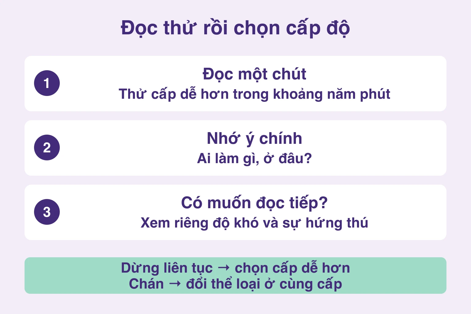 Đọc thử, nhớ ý chính, rồi xem riêng độ khó và hứng thú