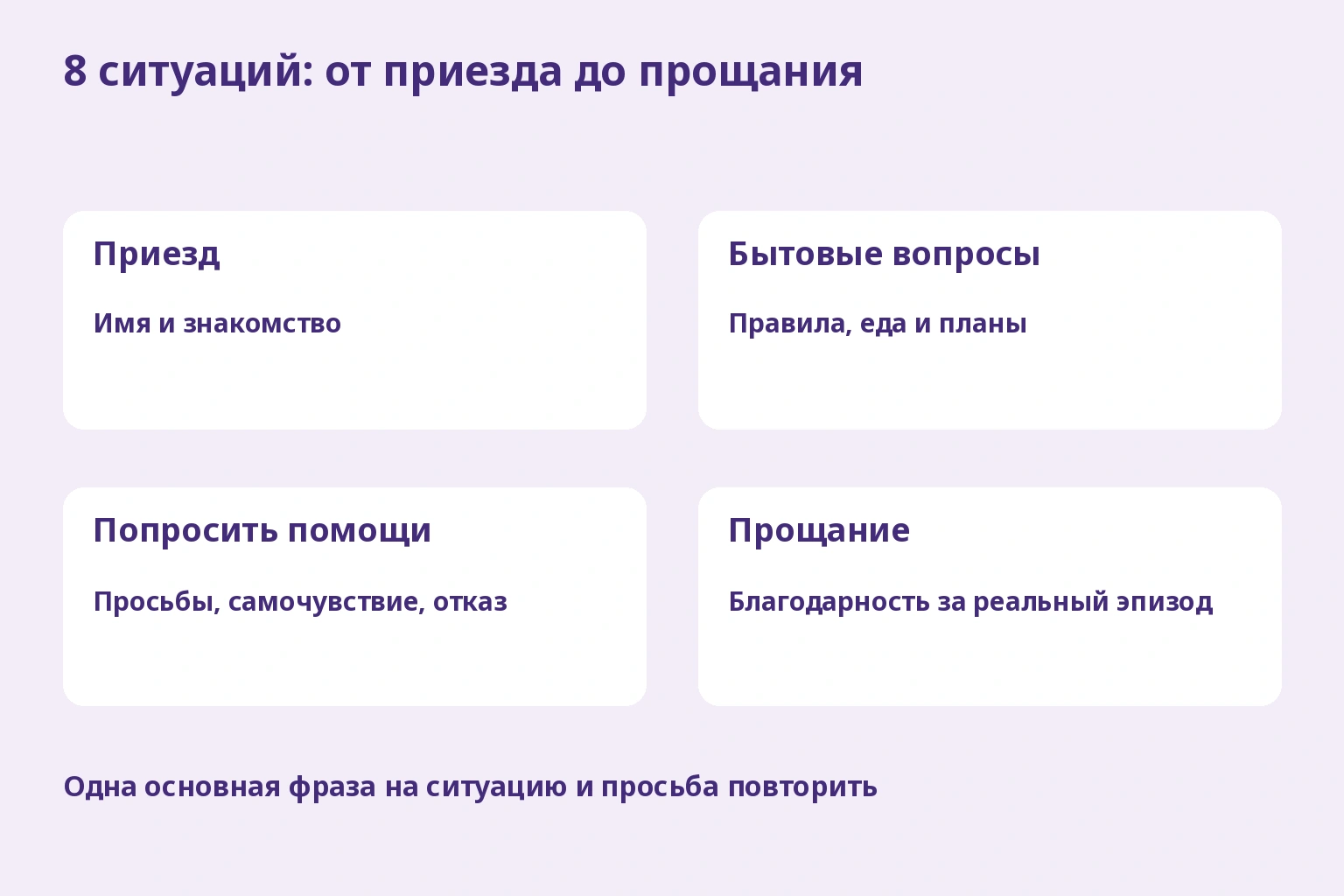 Восемь ситуаций объединены в приезд, бытовые вопросы, помощь и прощание