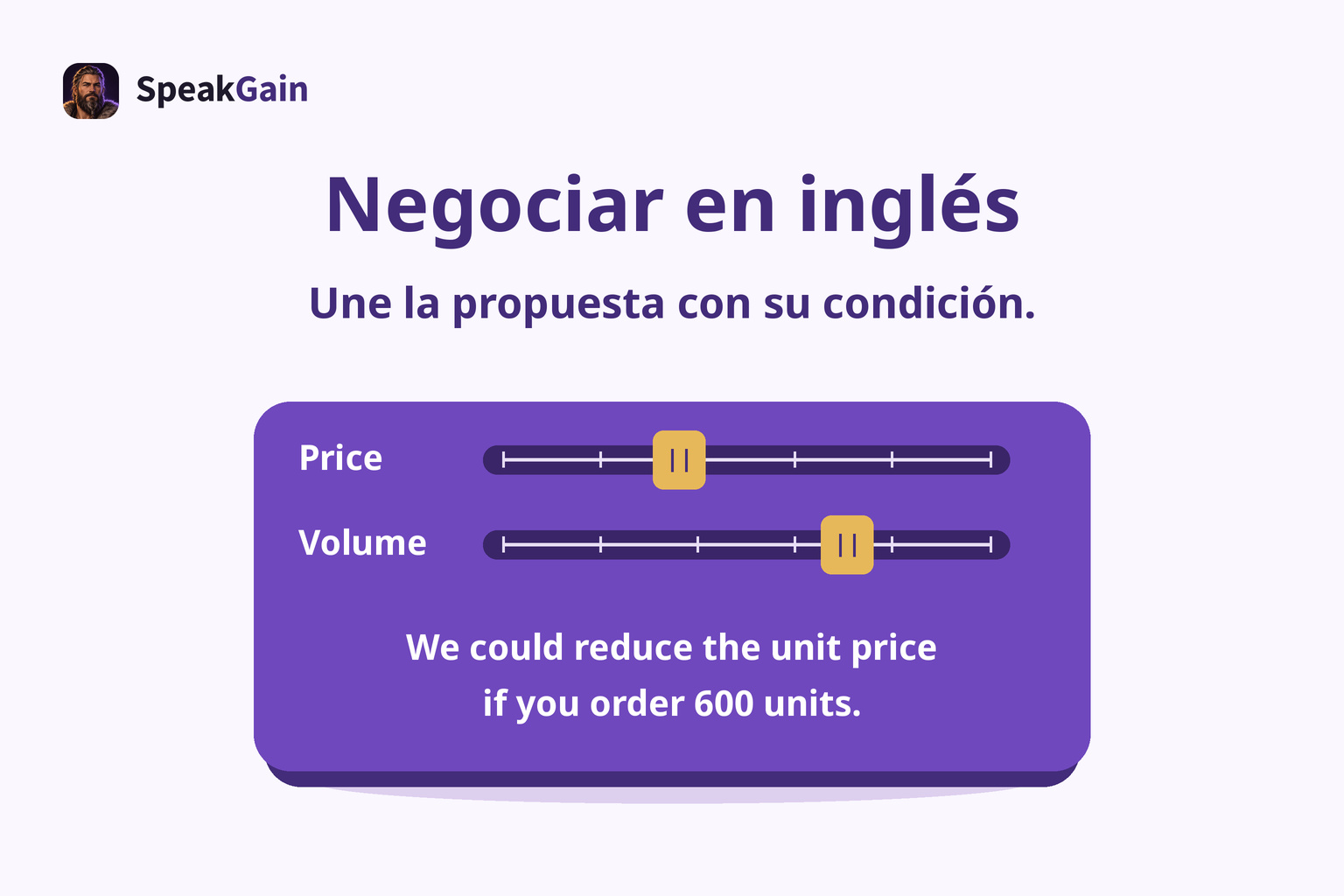 Panel centrado con controles Price y Volume y una propuesta en inglés condicionada a pedir 600 unidades