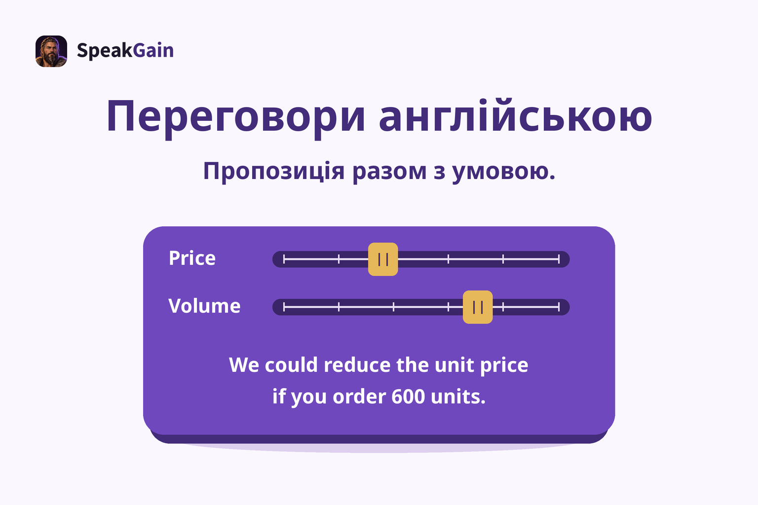 Панель Price і Volume з англійською пропозицією знизити ціну за одиницю за замовлення 600 штук