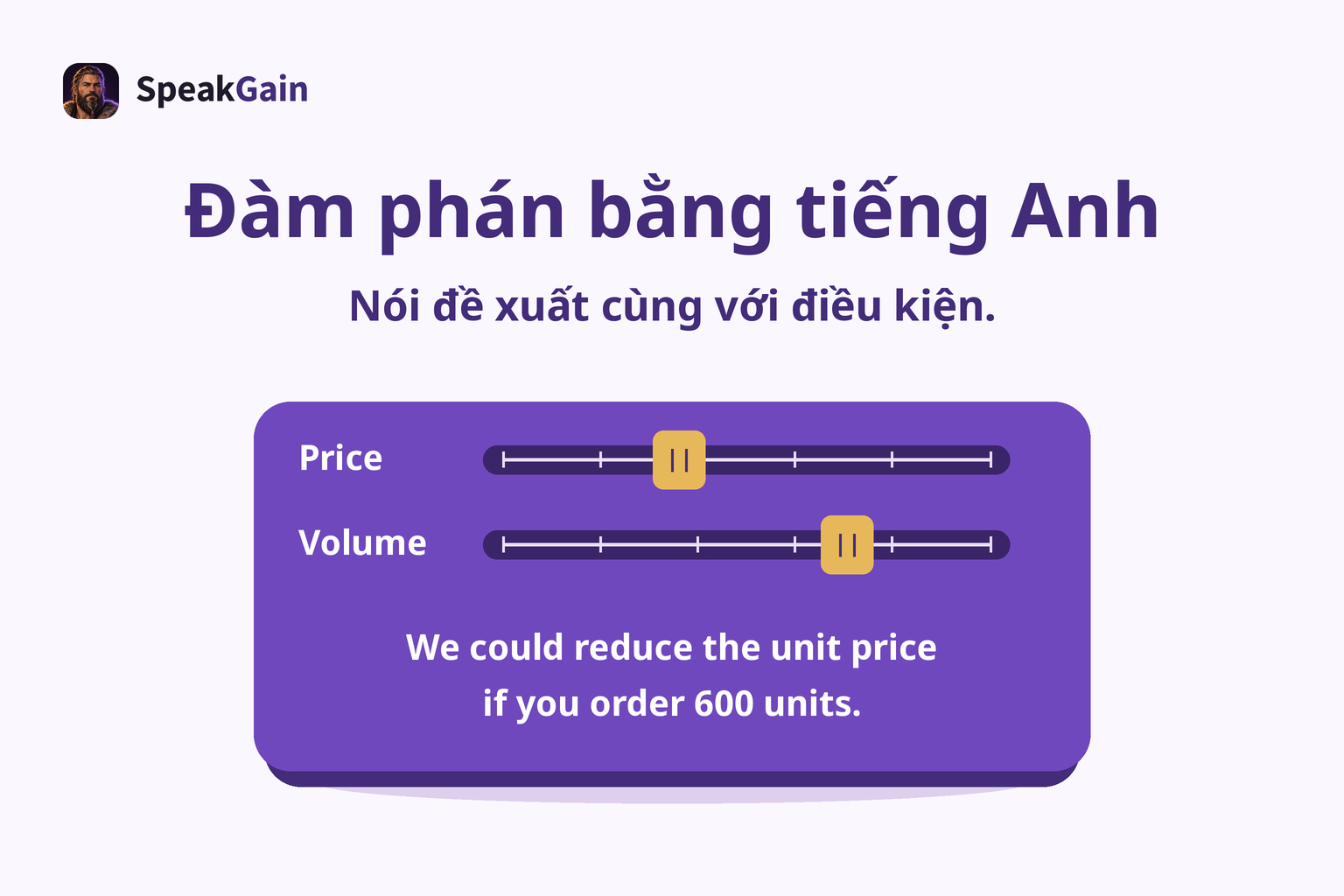 Bảng trượt Price và Volume giữ câu đề xuất tiếng Anh giảm đơn giá với điều kiện đặt 600 sản phẩm
