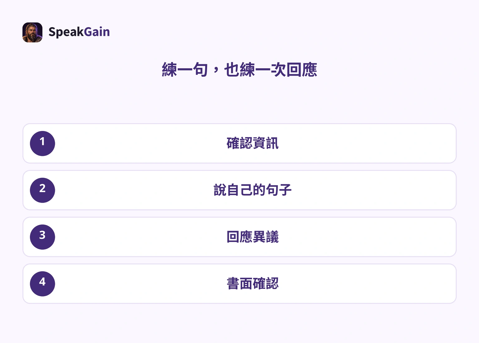 核對公司資訊、說自己的句子、回應異議、書面確認的四步練習