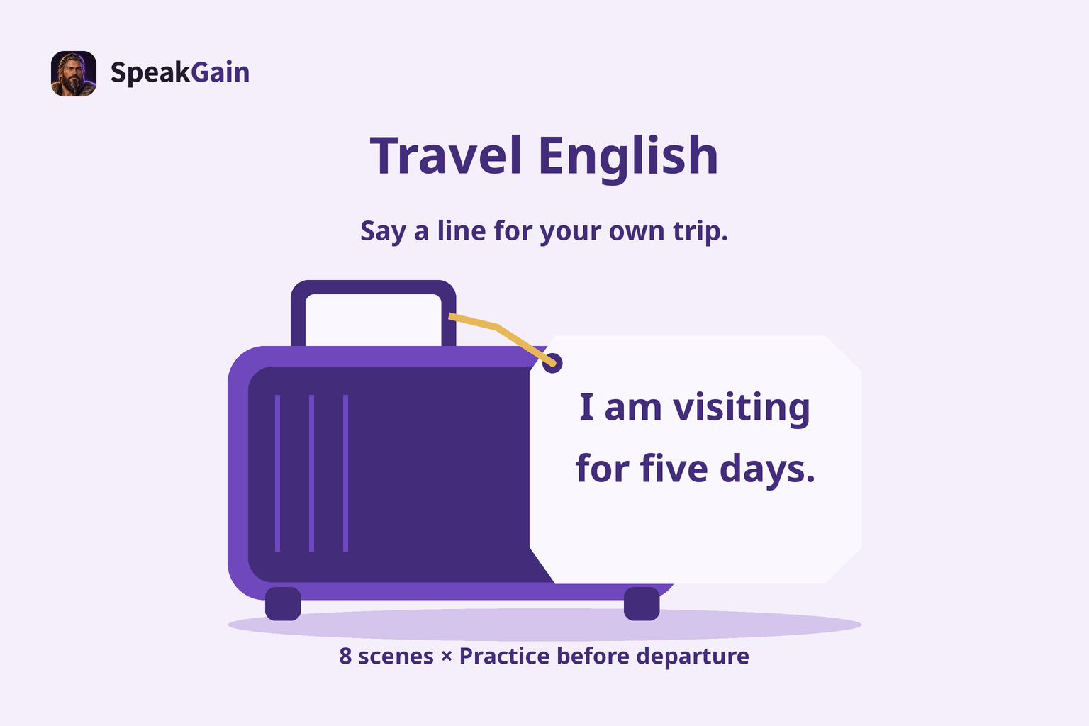 A suitcase and attached luggage tag displaying a short answer about a five-day visit