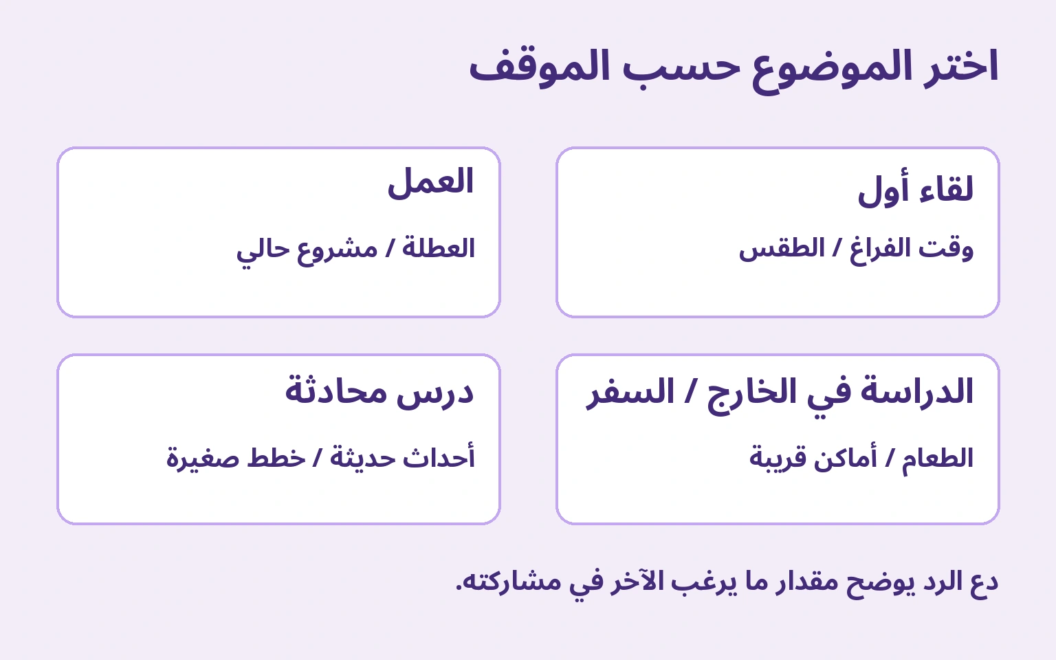 اختر الموضوع حسب الموقف: لقاء أول/وقت الفراغ / الطقس; العمل/العطلة / مشروع حالي; الدراسة في الخارج / السفر/الطعام / أماكن قريبة; درس محادثة/أحداث حديثة / خطط صغيرة
