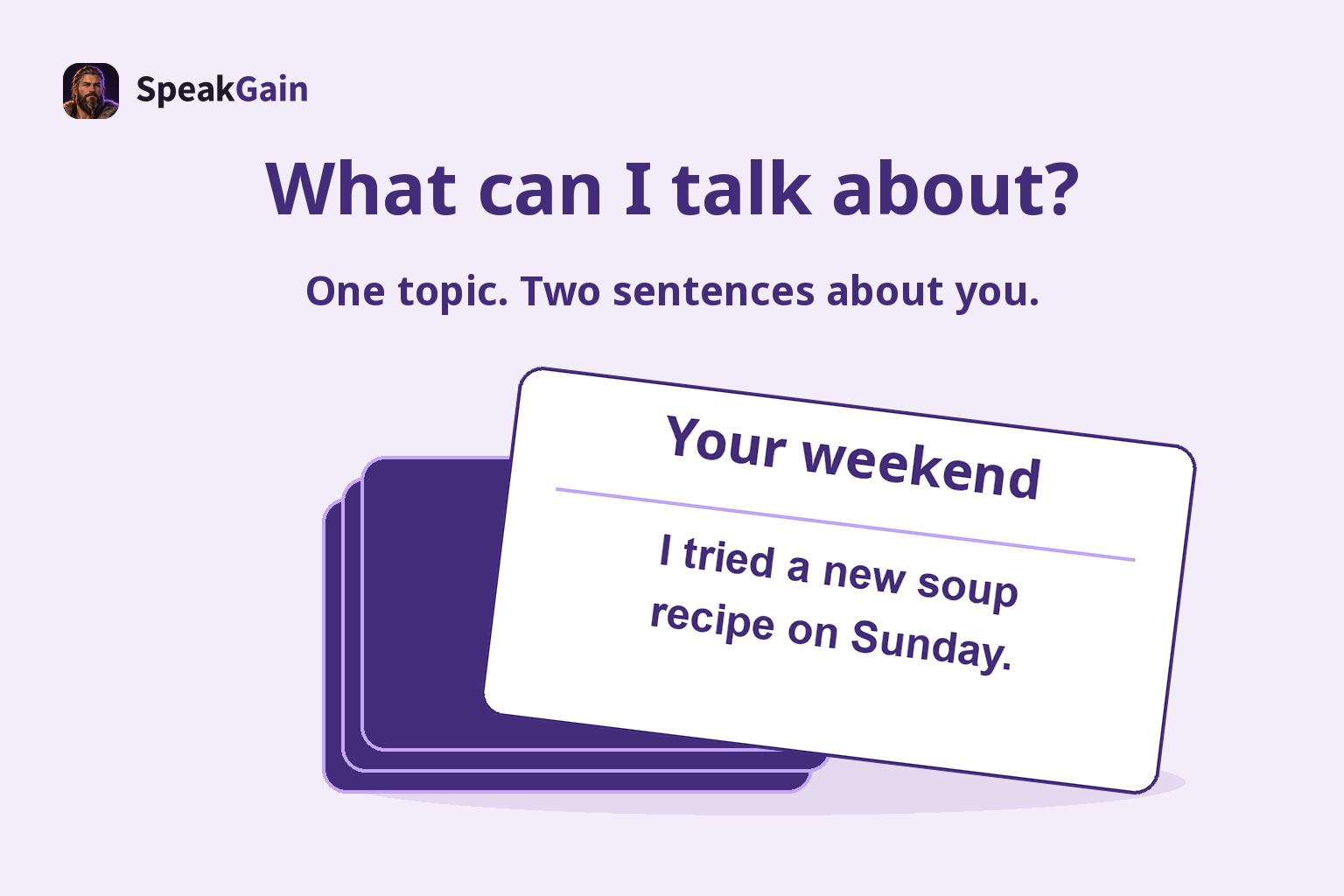 A weekend topic card drawn from a deck, with a short personal answer in English