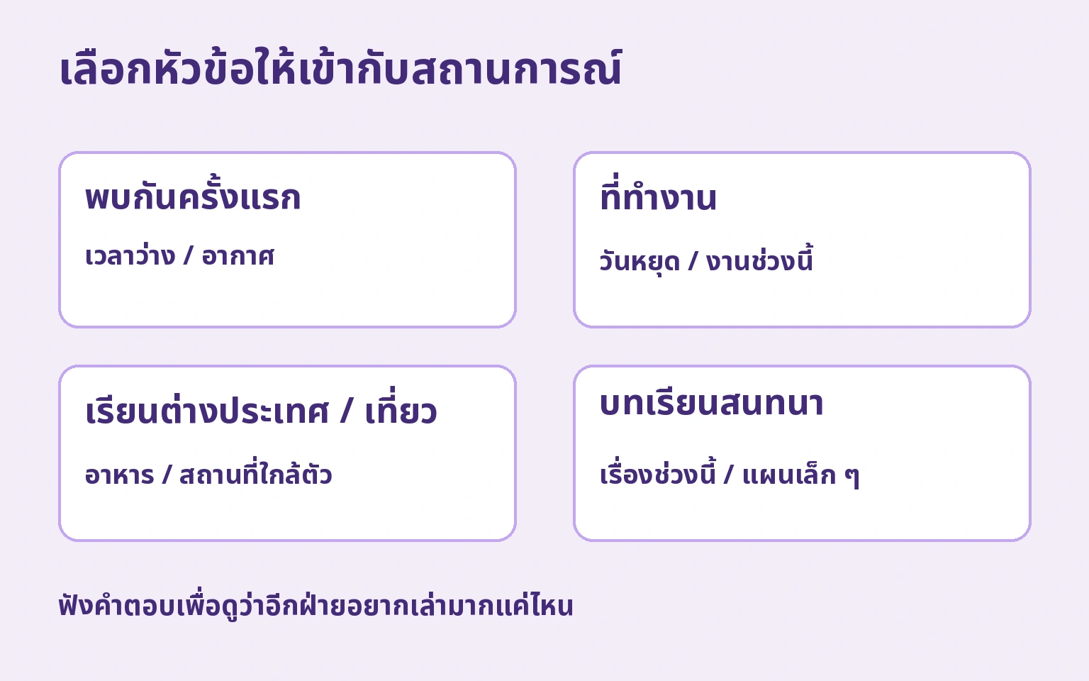 เลือกหัวข้อให้เข้ากับสถานการณ์: พบกันครั้งแรก/เวลาว่าง / อากาศ; ที่ทำงาน/วันหยุด / งานช่วงนี้; เรียนต่างประเทศ / เที่ยว/อาหาร / สถานที่ใกล้ตัว; บทเรียนสนทนา/เรื่องช่วงนี้ / แผนเล็ก ๆ