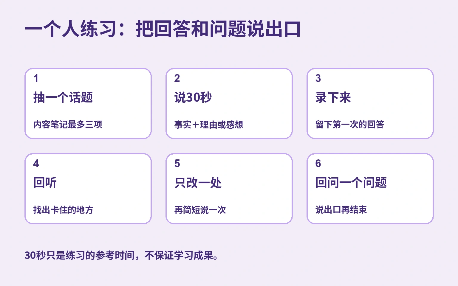 一个人练习:把回答和问题说出口: 抽一个话题 → 说30秒 → 录下来 → 回听 → 只改一处 → 回问一个问题