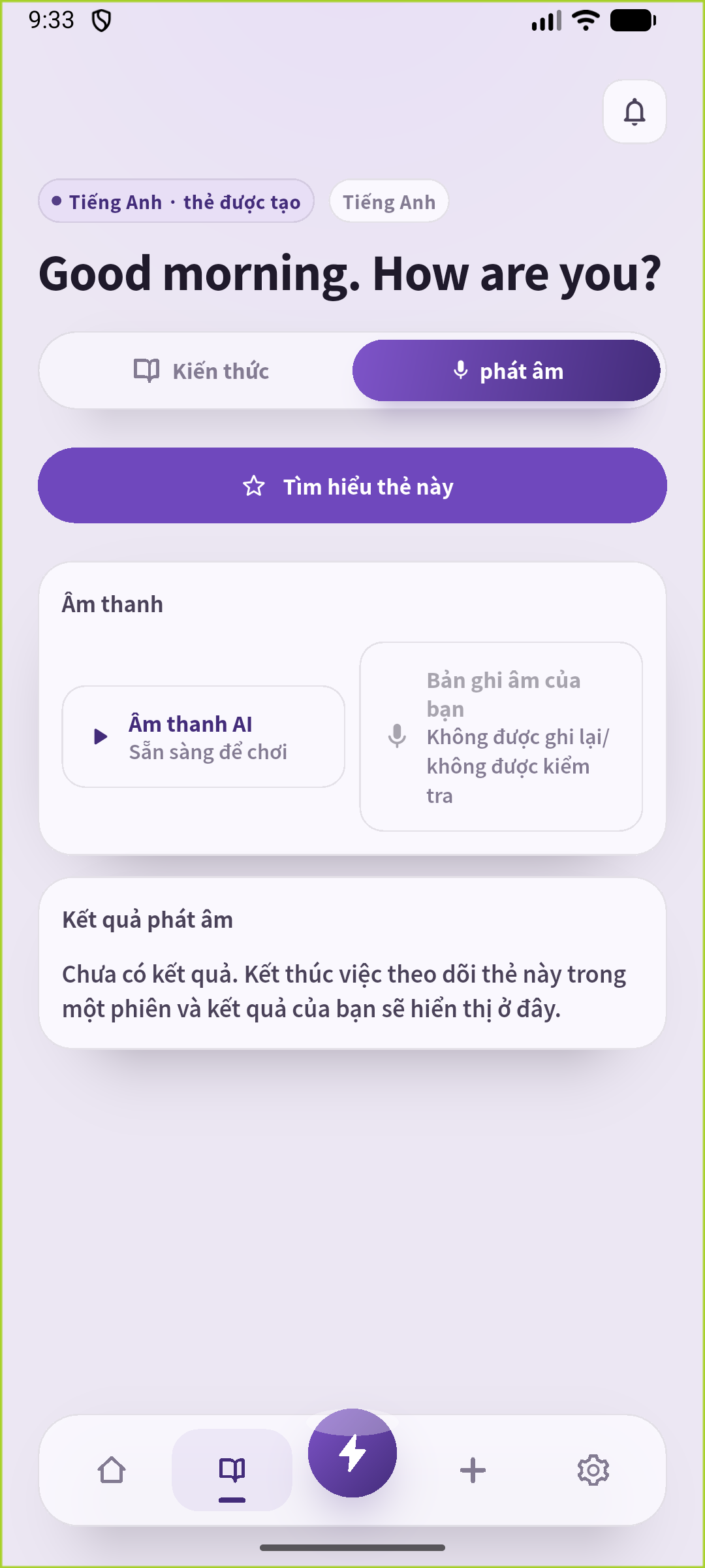 Màn hình luyện phát âm của SpeakGain cho câu chào buổi sáng đã lưu