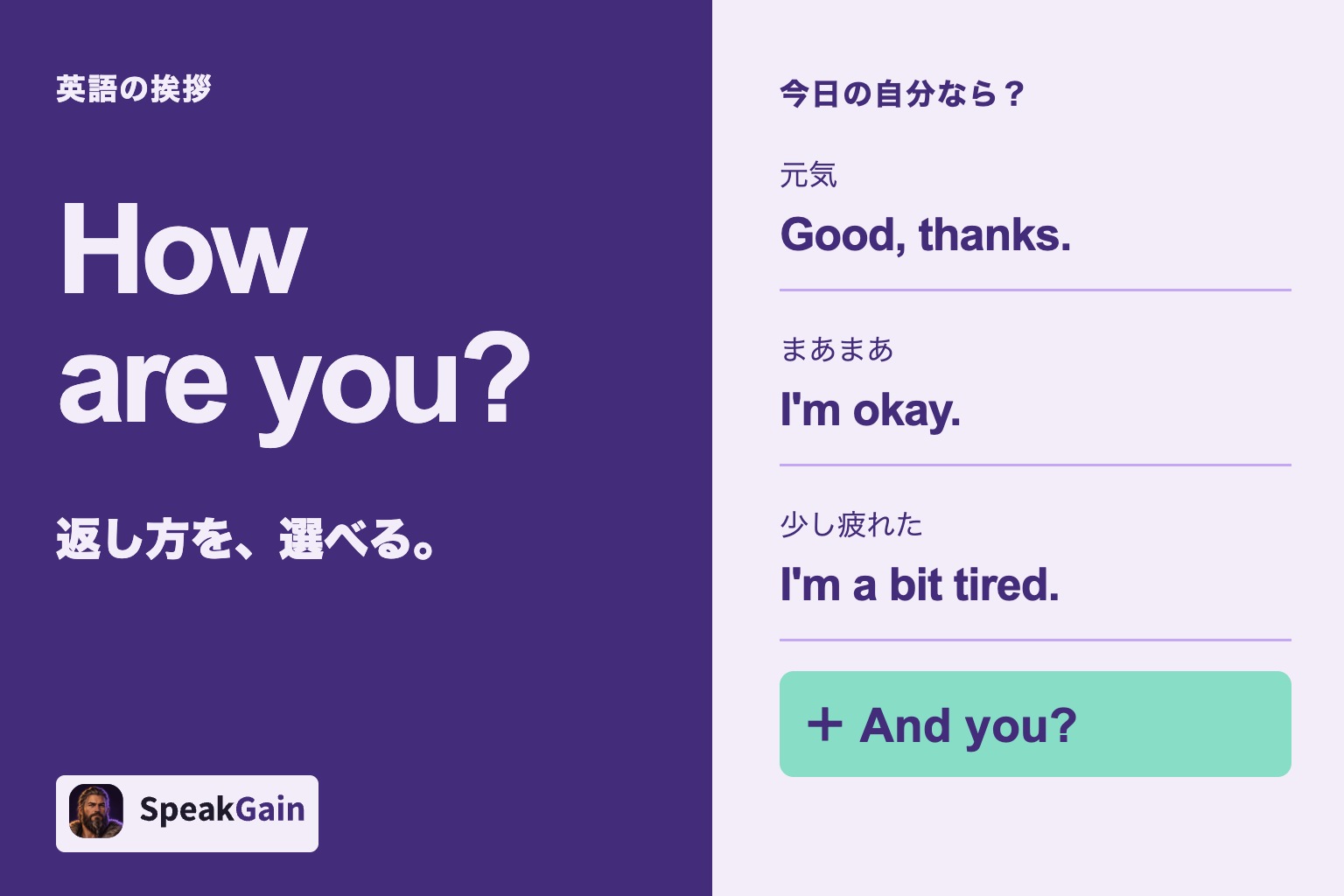 How are you?に元気・まあまあ・少し疲れたの返事を選び、And you?を添える図