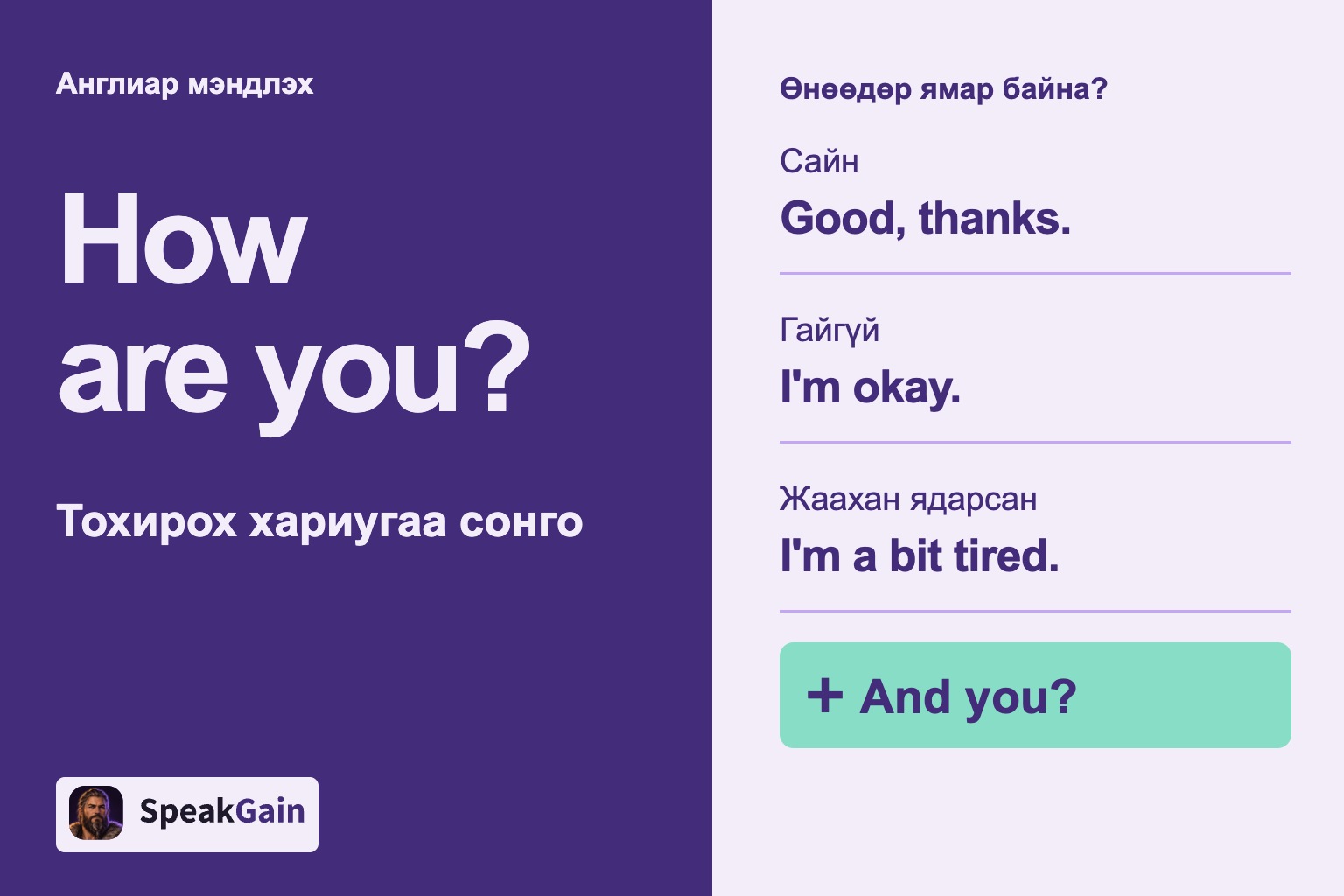 Англиар мэндлэх: Өнөөдөр ямар байна? — Сайн, Гайгүй, Жаахан ядарсан