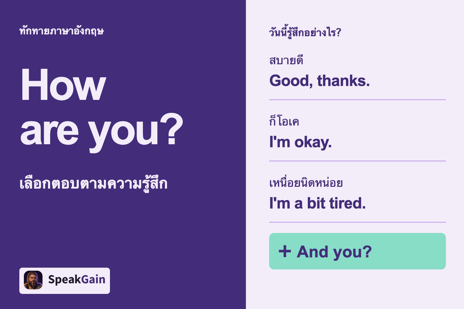ทักทายภาษาอังกฤษ: วันนี้รู้สึกอย่างไร? — สบายดี, ก็โอเค, เหนื่อยนิดหน่อย